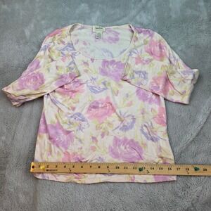 Neiman Marcus Floral Silk Blend Sweater M Pink Purple Scoop Neck 3/4 Sleeve